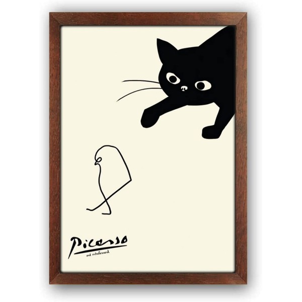 picasso cat and chick (A4 size with wood grain frame)
