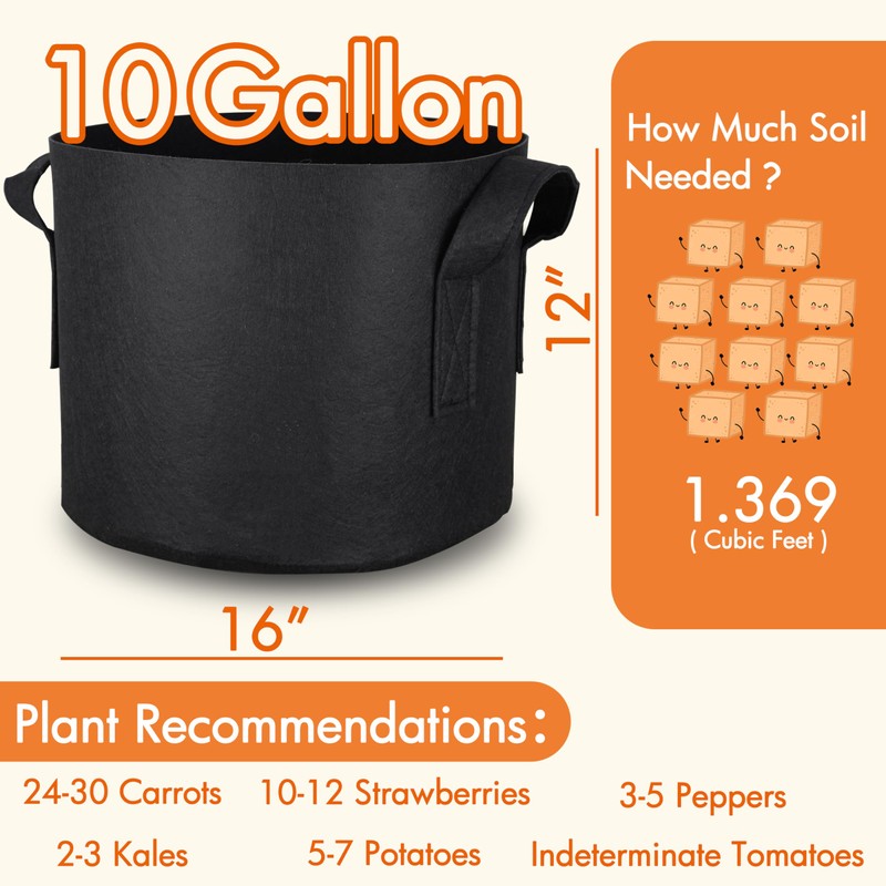 Gardzen 10-Pack 10 Gallon Grow Bags, 300G Thickened Aeration Fabric
