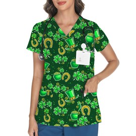 LOMON St.Patrick's Day Scrubs for Women V Neck Printed Scrub Tops Soft Knit Scrub Stretchy Shirts with 3 Pockets St Patrick Printed XL