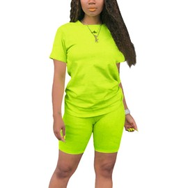 KINIKO 2 Piece Outfits for Women Casual Summer 2024 T-Shirts and Shorts Suit Athletic Matching Tracksuit Biker Short Sets (Neon Green, XXL)