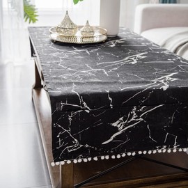 COMFEELING Coffee Table Cloth Rustic Style Living Room Center End Table Cover with Pocket, Cotton Linen Tablecloth (Black Marble,23.6×63 Inch)