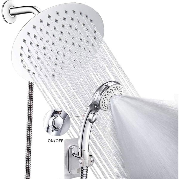 Shower Head with handheld, High Pressure 8'' Rainfall Stainless Steel Shower Head/Handheld Shower with ON/OFF Pause Switch Shower Combo with hose,Adhesive Shower Head Holder(Round Chrome)