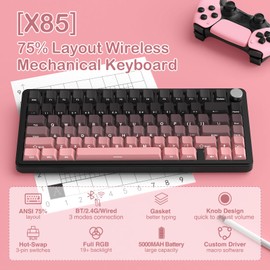 ATTACK SHARK X85 Wireless Mechanical Gaming Keyboard with Knob,Hot Swap,BT/2.4GHz/USB-C,Side Print PBT Keycaps,Gasket,RGB,Coiled Cable,Linear White Jade Switch for Win/PC/MAC