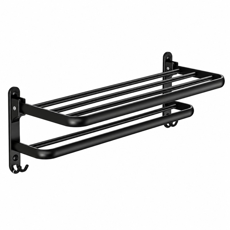 Foldable Wall Mount Towel Rack with Hooks – Black Steel