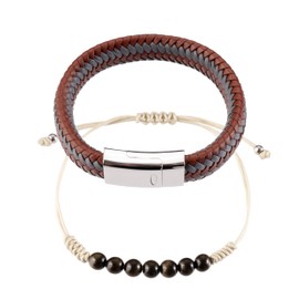 Omky Set Pulseras para Hombre | Brazaletes cuero trenzado gris/café cierre magnético acero inoxidable | Hilo ajustable acero inoxidable