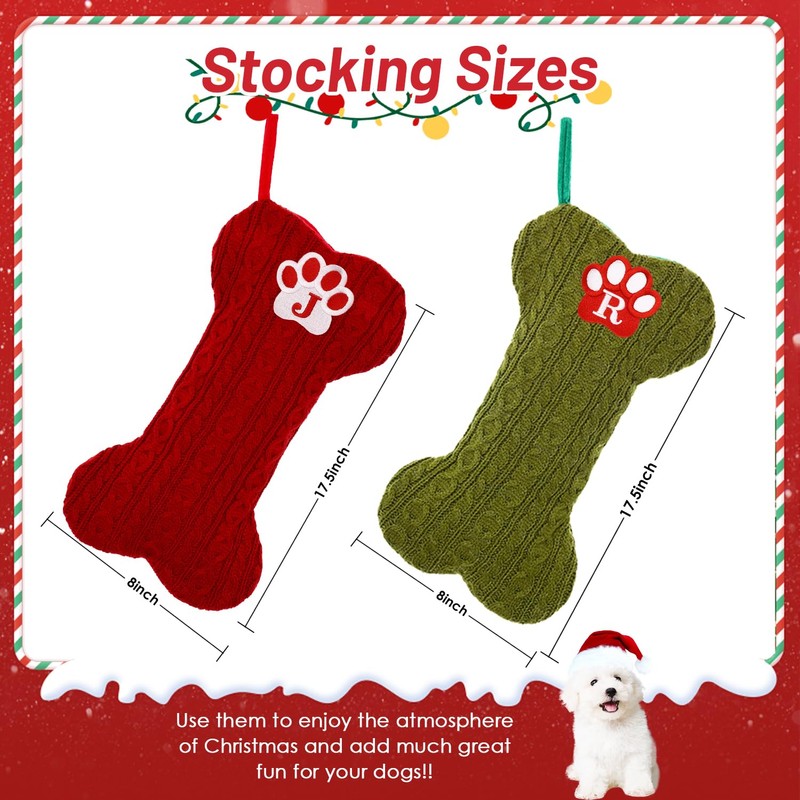 Dog Stocking with Initials，Bone Christmas Stocking with Letters,Large Knit Embroidered