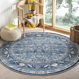 OPPODREAM Vintage Blue Round Rug 3ft, 3 ft Retro Washable Circle Rug Non Slip, Low-Pile Faux Wool Circular Carpet, Soft Distressed Navy Floor Mat for Living Room, Bedroom, Office, Dorm, Dinning Room
