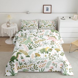 Castle Fairy Cute Dino Kids Comforter Set Queen Size,Kawaii Pink Green Dinosaur Bedding Set for Women Adult,Cartoon Wildlife Floral Leaves Plant Luxury Bed Duvet Insert, 2 Pillowcases