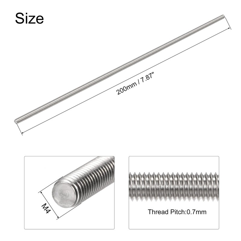 sourcing map Fully Threaded Rod M4 x 200 mm 304