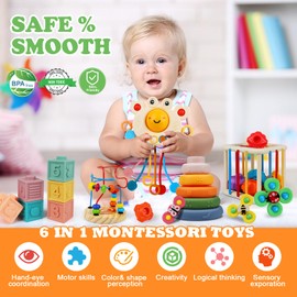 Baby Toys 6 to 12 Months- 6 in 1 Montessori Toy for Toddlers 1-3, Sensory Shapes Storage Bin Stacking Blocks Rings First Bead Maze Pull String Teether, Infant Toys Gifts for 1 2 3 Year Old Boys Girls
