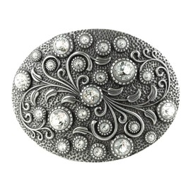 Rhinestone Crystal Belt Buckle Antique Silver Oval Floral Engraved Buckle (Crystal)