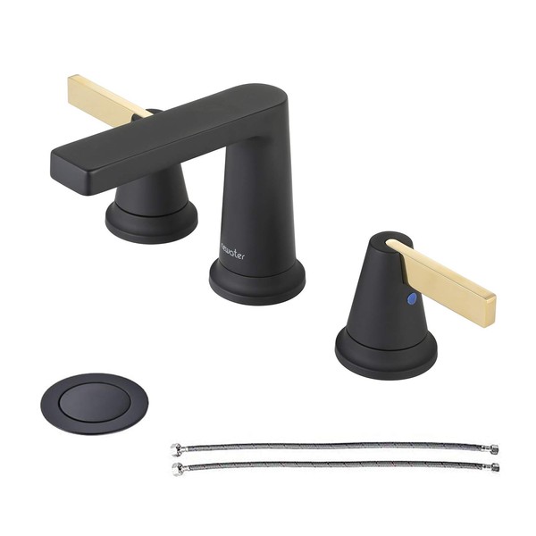 NEWATER Matte Black Brass Bathroom Faucet，2-Handle 8-Inch Widespread Modern Bath Black Bathroom Sink Faucet 3-Hole Rv 8" Vanity Faucets with Metal Pop-up Sink Drain & Faucet Supply Lines