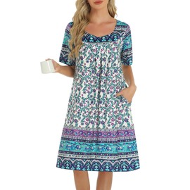 ETOSELL Nightgowns for Women with Pockets Short Sleeve House Dress Pleated Moo Moos Floral Print Lounge Mumu Dresses