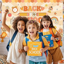 Mocsicka Groovy Back to School Backdrop First Day of School Boho Party Decorations Backdrop Groovy First Day of Kindergarten Welcome Back to School Party Decorations Banner