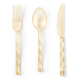 Lullaby 300Pc Heavy Duty Gold Plastic Silverware, Gold Glitter Utensil Disposable, Plastic Cutlery Set of 100 Forks, 100 Spoons, 100 Knives for Wedding, Party, Gathering, Daily Use