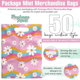 Package Mint 50 Pack Merchandise Bags 9x12 Retail Shopping Bags for Boutiques, Party Bags & Goodies Reusable Bags with Handles - Groovy Daisy