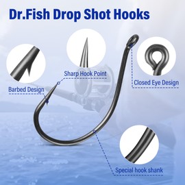 Dr.Fish 50 Pack Drop Shot Hooks, Bass Fishing Split Shot Hooks Dropshot Wacky Finesse Rig Freshwater High Carbon Steel Walleye Crappie Panfish #4