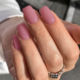 Rose Pink Nails Press ons, Press on Nails Medium Square Glue on Nails Medium Length, Short Acrylic Nails Glue on Medium Coffin Nails Fake Nails False Nails for Women, Thick Solid Color Gel Nails 24Pcs