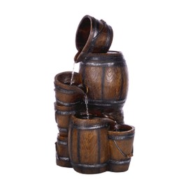 Alpine Corporation ZEN409S Outdoor Rustic 4-Tiered Barrels and Buckets Water Floor Fountain - Farmhouse Style, 24 Inch Tall, Brown