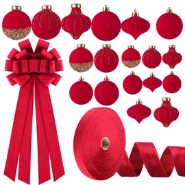 Motionchic 20Pcs Christmas Velvet Ornaments Set Velvet Christmas Ball 3 Size Flocked Bulb Ball Ornaments Xmas Velvet Tree Topper Bow Christmas Velvet Wired Ribbon for Christmas Tree Decoration(Red)