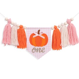 Little Pumpkin 1st Birthday High Chair Banner – Fall First Birthday Party Decor for Baby Girls, Pink and Orange Yarn Tassel Highchair Banner, Our Little Pumpkin Is One Party Decor