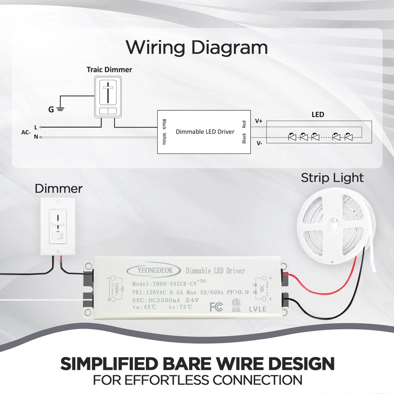 NAWVACE 60W Triac Dimmable LED Driver, 24V 2.5A Power Supply,