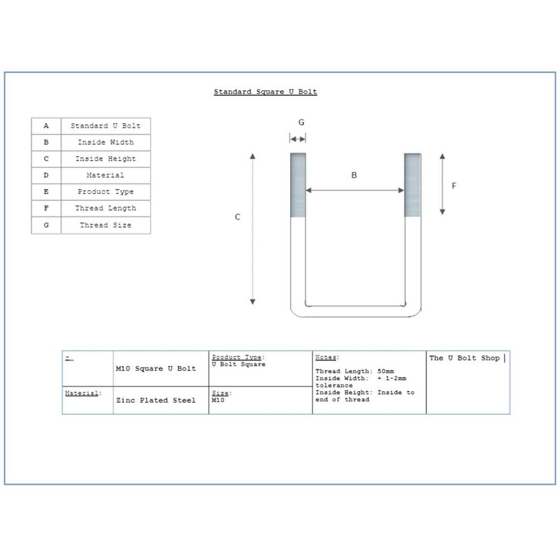 U Bolt Square M10 60mm Inner Width x 120mm Length