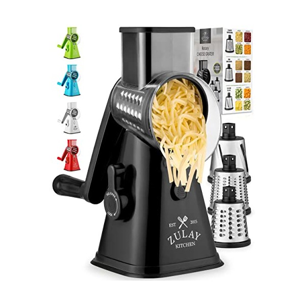 Zulay Kitchen Rotary Cheese Grater with Upgraded Suction - Round Cheese Shredder Grater with 3 Replaceable Stainless Steel Drum Blades - Easy to Use & Clean - Vegetable Slicer & Nut Grinder (Black)