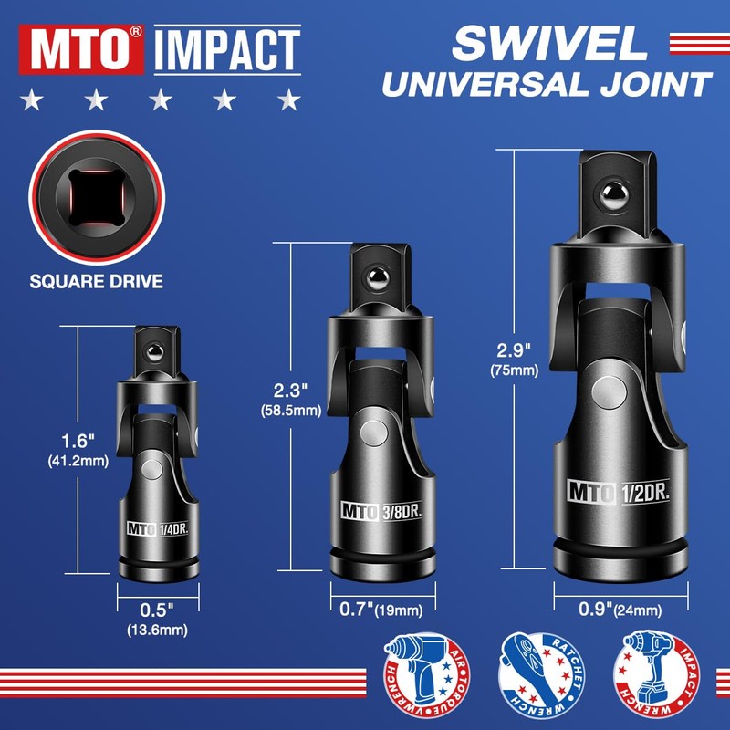 MTO Universal Joint Set 3PCS, 3/8" 1/2" 1/4" Drive Swivel