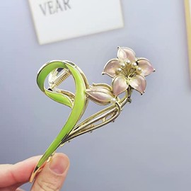 Elegant Pink Lily Pearl Metal Hair Claw Clips, Large Hair Claw Hair Non-Slip No Broken Strong Hold Hair Clamps Fashion Hair Accessories for Woman and Girls With Long Thick Thin Curly Hair
