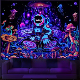 Amhokhui Blacklight Astronaut Tapestry UV Reactive Funny DJ Music Tapestry Trippy Aesthetic Tapestry Galaxy Space Tapestry Flower Wall Hanging Decor for Home