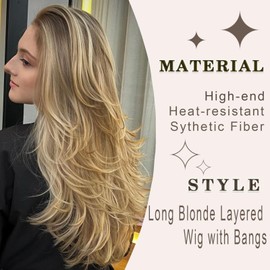 Layered Wavy Wigs with Curtain Bangs for Women Snythetic Butterfly Haircut Natural Black Wig with Bangs Hair for Women Layered Straight Heat Resistant for Daily Party Use (Golden Blonde#, 24inch)