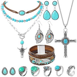 OLngMaMa Western Jewelry for Women - Boho Turquoise Jewelry Set with Turquoise Necklace, Earrings, Bracelet & Rings (turquoise boho style)