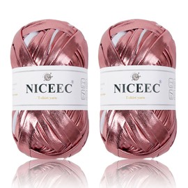 NICEEC 2 Skeins Metal T-Shirt Yarn Bright Fabric Yarn for Crocheting Glossy Cloth Yarn for Knitting with Single-Side Color for Hand DIY Craft Bag Basket Cushion-Totle Length 2×32yds(2×3.5oz)-Rose