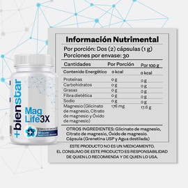 MagLife 3x +BienStar (Paquete de 3 o 6 Frascos) Citrato, Glicinato y Óxido de Magnesio Fórmula para un Sueño Profundo, Reducción de Estrés y Alivio de Calambres Musculares (3)