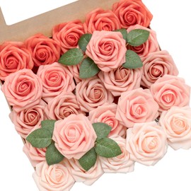 Ling's Moment Artificial Flowers, 25Pcs 3" Roses in Coral Shades, Realistic DIY Foam Floral Decor for Wedding Bouquets/Centerpieces, Outdoor Party Backdrops, Room/Table, and Garden/Pot Decorations
