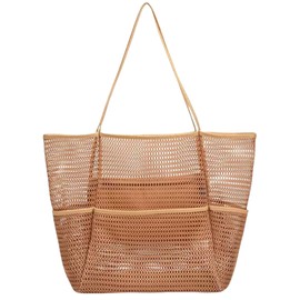 VesipaFly Mesh Beach Tote Bag for Women with Mini Pocket Foldable Pool Bag for Beach Vacation Swimming Travel Essentials (Khaki)
