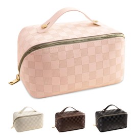 LaType Large Capacity Makeup Bag, Travel Cosmetic Bag, PU Leather Makeup Pouches for Women, Waterproof Portable Large Wide-open Pouch with Divider and Handle for Travel Makeup Bag (pink)