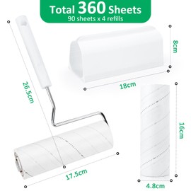 Onlyesh 360 Sheets Lint Roller Pet Hair, 16 cm Extended Lint Roller Area, 4 Rollers, 90 Sheets per Roll + 1 Dispenser, for Lint Roller Clothes, Cat Hair, Sofa, Bed and Carpet