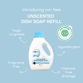 AspenClean Natural Dish Soap Refill Unscented - 100% Natural, Organic, Baby-Safe, Pet-Friendly, Hypoallergenic Formula - Vegan, Cruelty-Free, Biodegradable - EWG VERIFIED & EcoCert Certified (2 Pack)