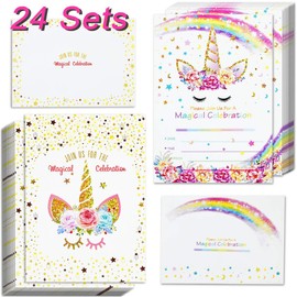 24pcs Unicorn Invitations with 24 Envelopes and Unicorn Thank You Tags, Rainbow Glitter Unicorn Birthday Party Invitation Cards for Kids Birthday Baby Shower Unicorn Party Supplies Double Sided