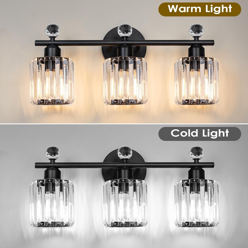 Modern 3 Light Crystal Vanity Light,Black Vertical Bathroom Light Fixture