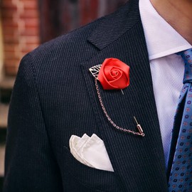 2PCS Men Cloth Rose Flower Lapel Pin for Men, Red Blue Rose Floral Chain Brooch,Handmade Boutonniere Pins for Suit,Lapel Pin Wedding Brooch (Red)