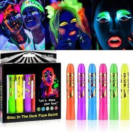 6 Piezas Kit de Pintacaritas Neón, 6 Colores  Pintura Facial y Corporal, Brillos para la Cara UV, Maquillaje Lavable, Para Disfraces De Halloween Y...