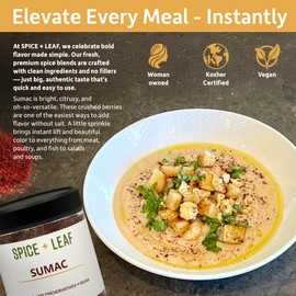 Premium Ground Sumac Spice by SPICE + LEAF - Vegan Kosher Preservative Free Red Middle Eastern Ground Herb, 3.5 oz.
