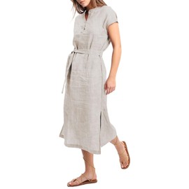 Amazhiyu Women's 100% Linen Summer Banded Collar Button Slits Midi Dresses Flax, Small