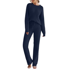 MEROKEETY Long Sleeve Top and Pants Matching Two Piece Outfits Soft Cozy Warm Sleepwear for Women, Navy, Medium
