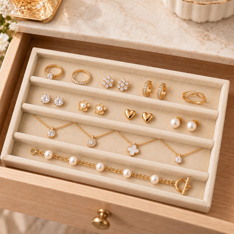 Velvet Jewelry Organizer Tray with Removable Dividers for Rings, Earrings,