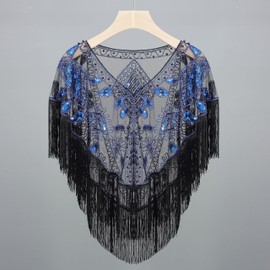 EORUBE 1920s Stole Women's Sequin Wraps for Evening Dress Retro Stole Women Gatsby Party Scarf Costume Accessories Flapper Cover, black blue