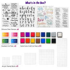 34 Pieces Acrylic Stamp Blocks Tools Set Include 5 Acrylic Blocks for Stamping Clear Block, 4 Silicone Stamps for Crafting, 19 Craft Ink Pad Stamp Pad for Scrapbooking Card Making Supplies